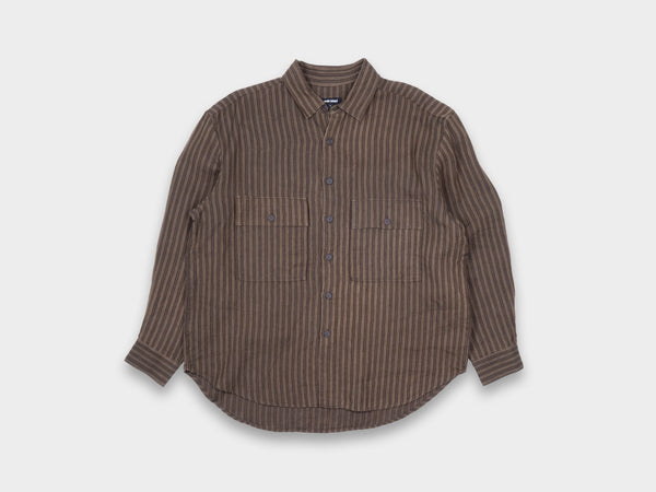 Evan Kinori Big Shirt Linen Herringbone Stripe Brown