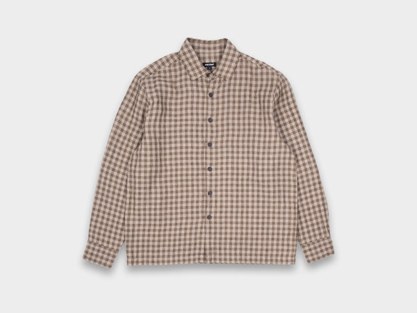 Evan Kinori Flat Hem Shirt Linen Check Beige / Brown